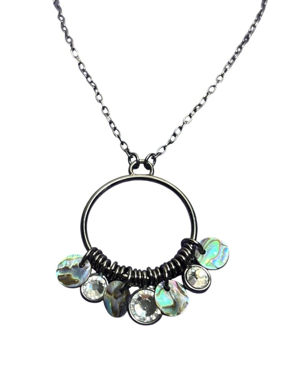 Lia Sophia Gunmetal Circle Pendant Necklace Abalone Shell Clear Rhinestone